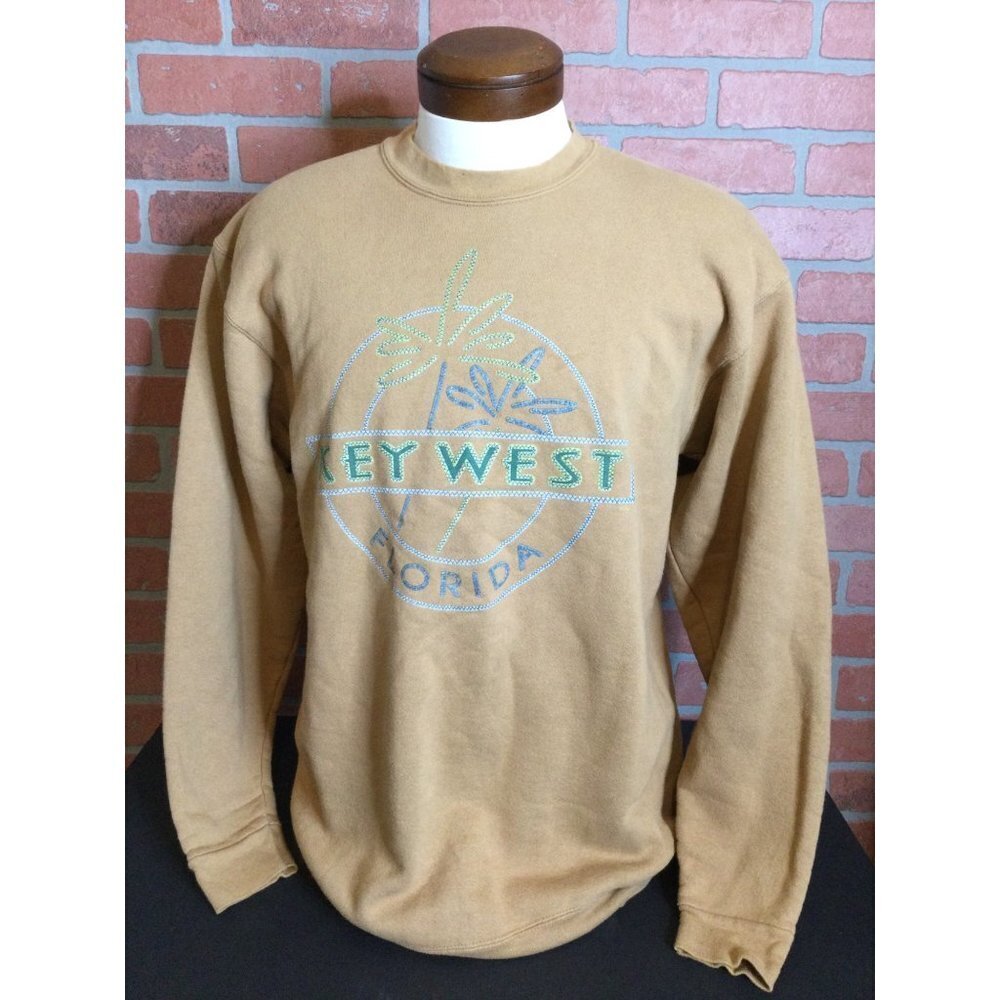 Vintage Oneita Key West FL Sweatshirt Embroidered Long Sleeves Crew Neck Tan